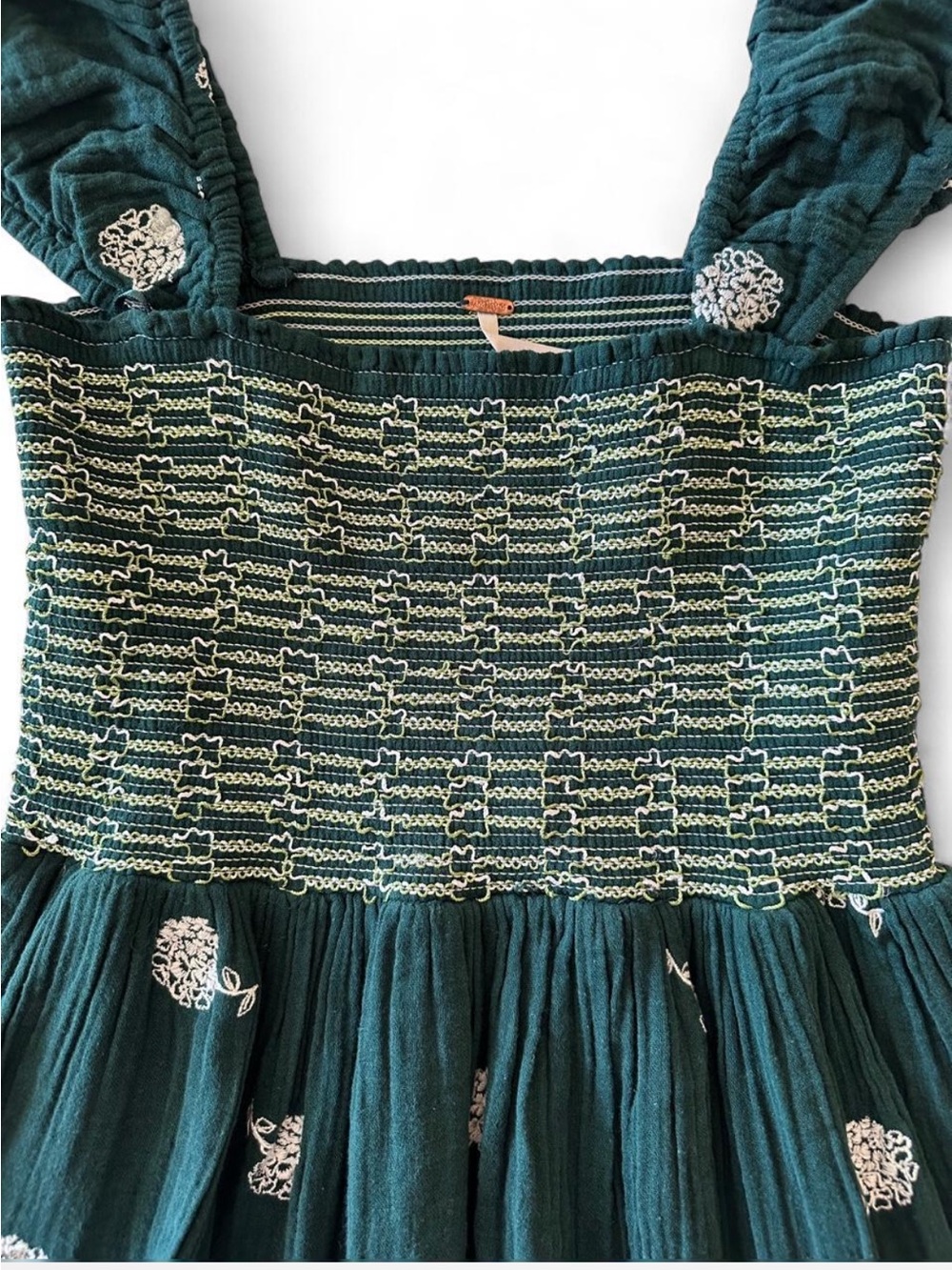 Free People Green Embroidered Smocked Babydoll Mini Dress Cotton Small - Picture 4 of 8